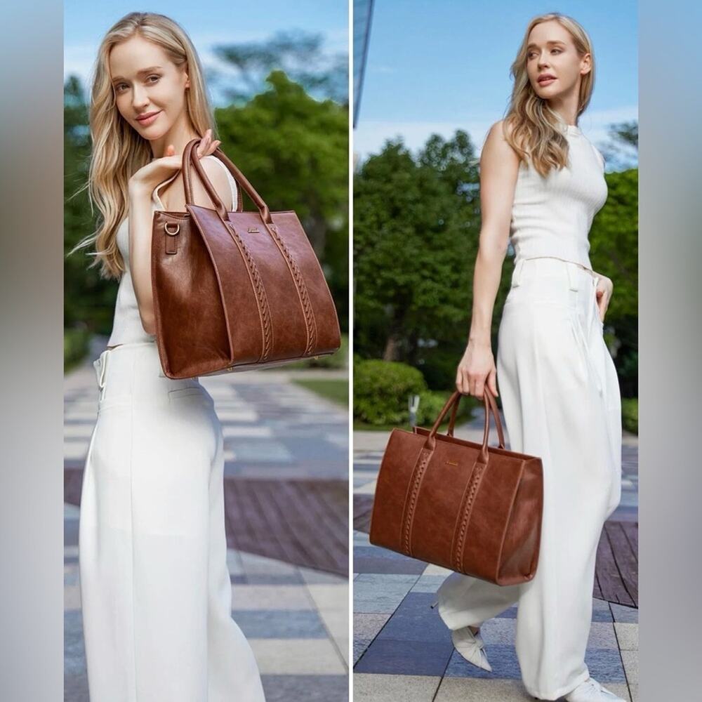 Lovevook Women’s Beaided Waterproof Brown Leather Laptop Tote Bag